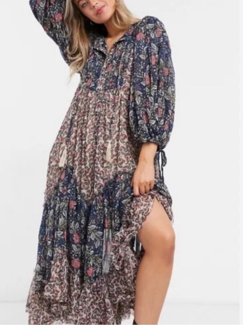 Free People Estelle Chiffon Tiered Maxi Dress - Navy & Cream